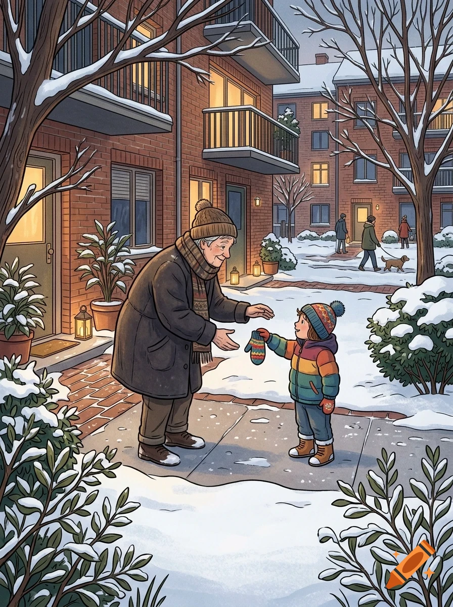 An elderly person in a coat and beanie greets a child handing over a mitten outside brick apartment buildings covered in snow.