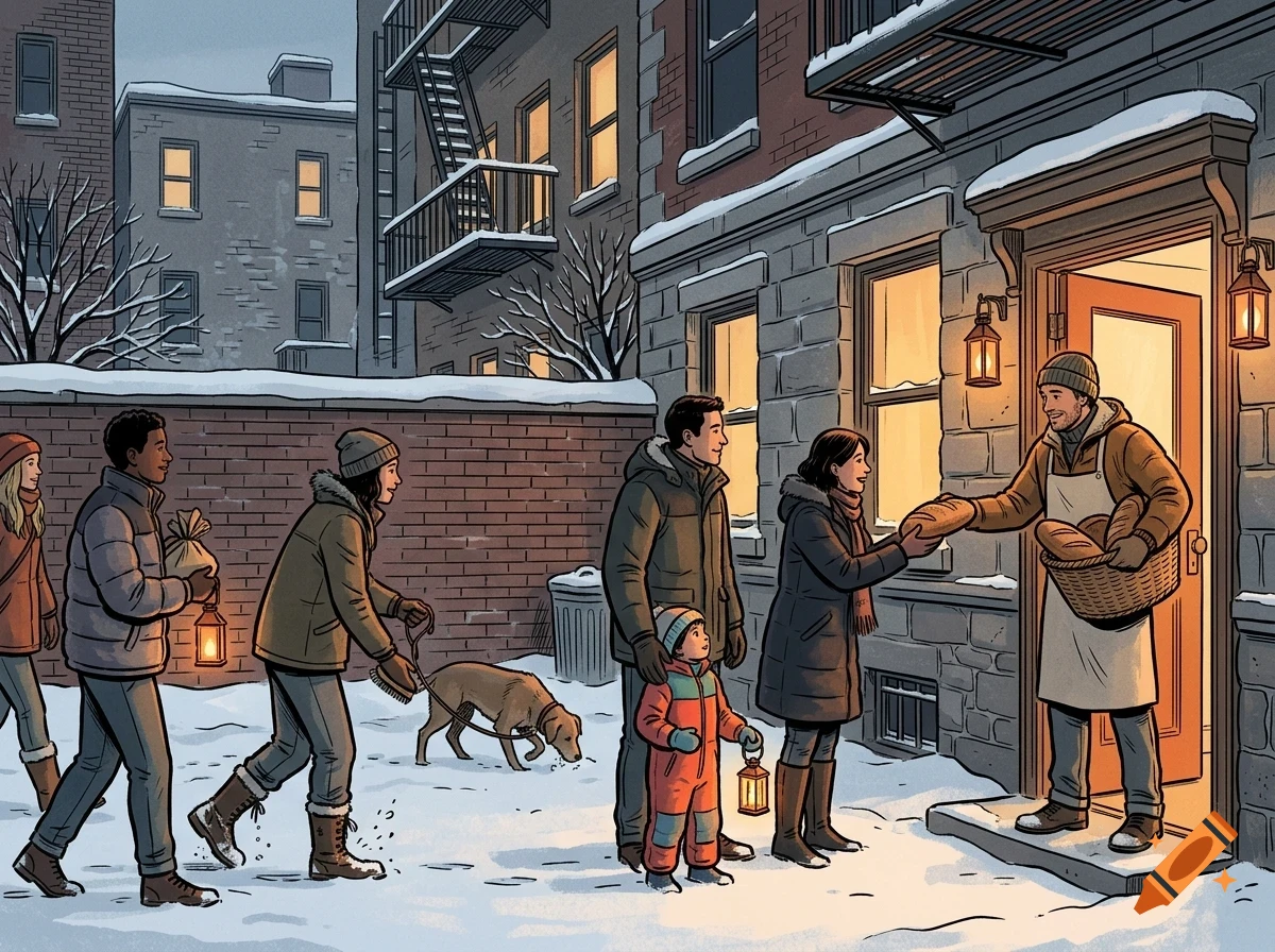 People walking in a snowy city street at dusk, with one person receiving bread from a shopkeeper at a doorway.