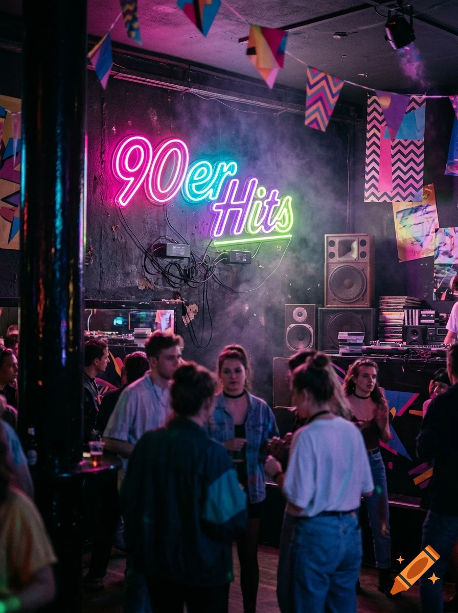 Photorealistic image of a crowded retro-themed party with a glowing neon sign reading '90er Hits' on a dark wall.