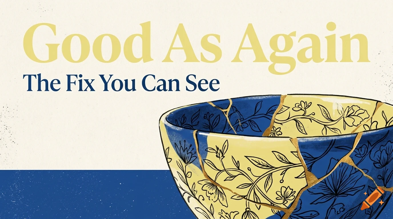 An illustrated bowl mended with kintsugi gold seams, accompanied by the text Good As Again and The Fix You Can See.