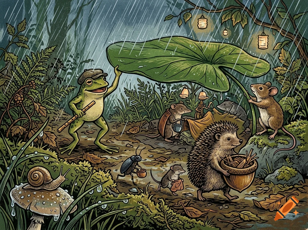 An illustrated woodland scene in the rain featuring a frog, a hedgehog, mice, and a snail carrying a large leaf as an umbrella.