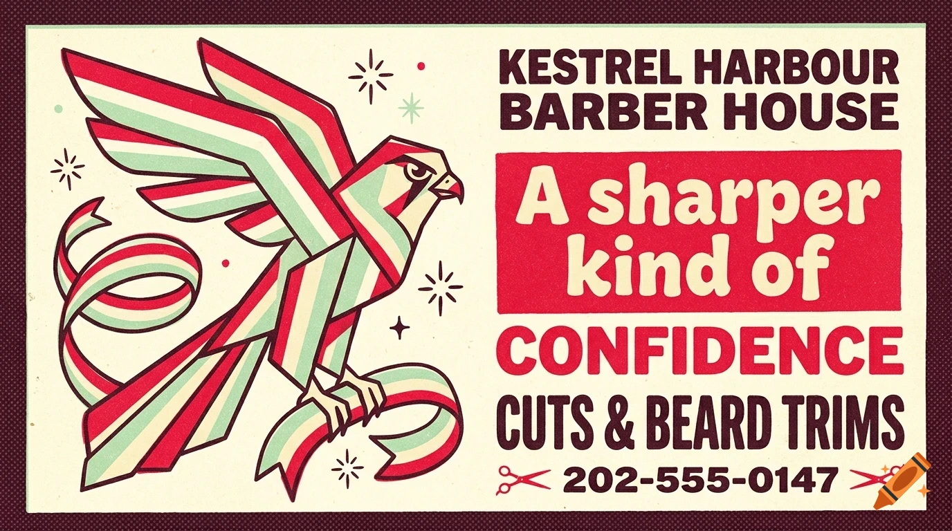 An illustrated retro advertisement for Kestrel Harbour Barber House featuring a stylized red, white, and green falcon holding a ribbon, with bold text and star accents.