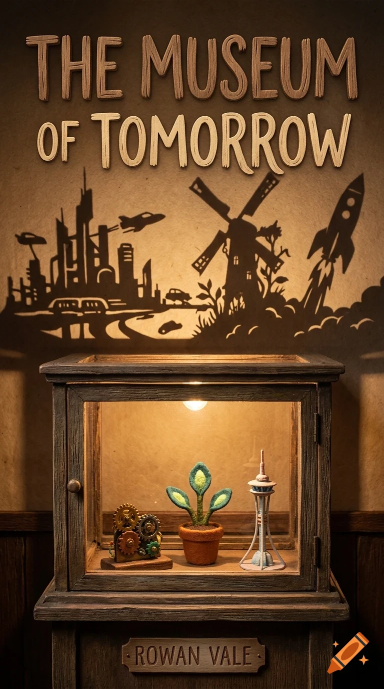 A wooden display case containing miniature items sits below silhouettes of a futuristic city, windmill, and rocket, with text reading 'The Museum of Tomorrow' above.