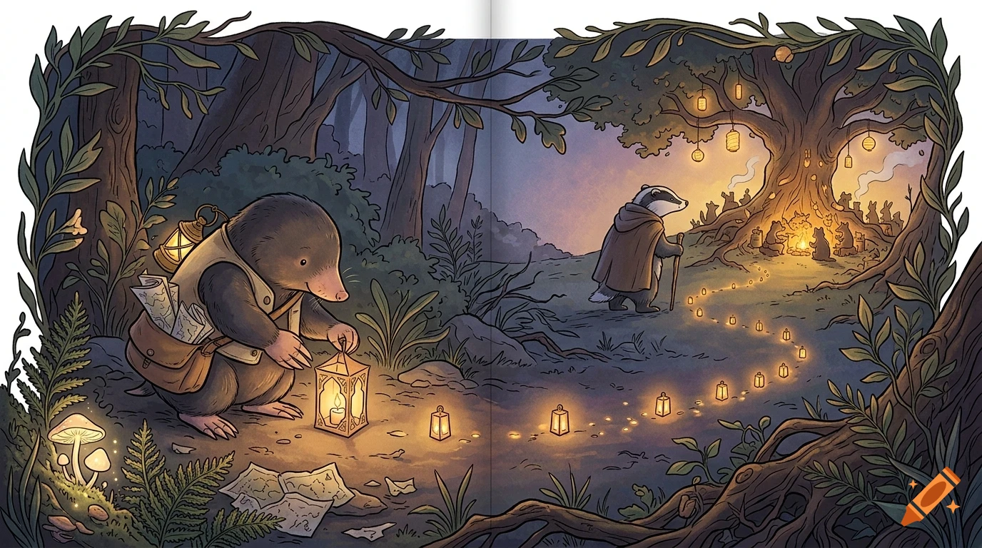 An illustrated woodland scene at dusk featuring anthropomorphic animals, including a mole holding a lantern in the foreground and a badger walking towards a glowing tree surrounded by other animals.