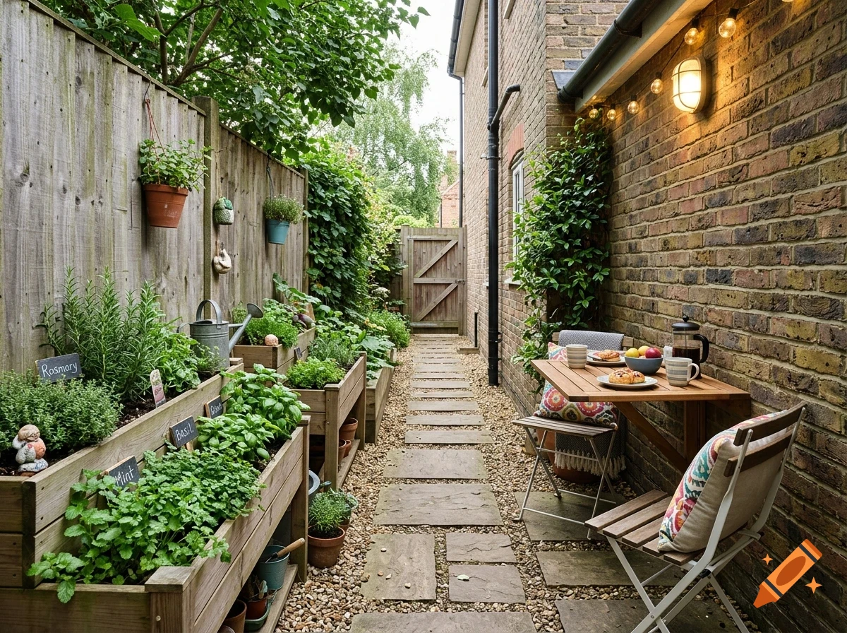 A narrow garden path between a wooden fence with herb planters and a brick wall with a small dining set.