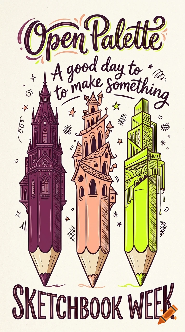 An illustration featuring three colored pencils transformed into intricate tall buildings, surrounded by playful lettering and doodle stars.
