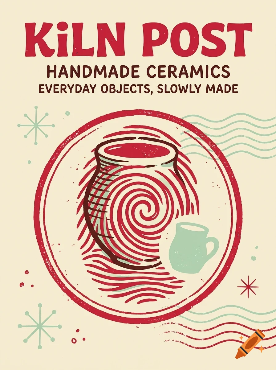 An illustrated poster for Kiln Post featuring a large patterned pot, a small mug, and the text KILN POST HANDMADE CERAMICS EVERYDAY OBJECTS, SLOWLY MADE.