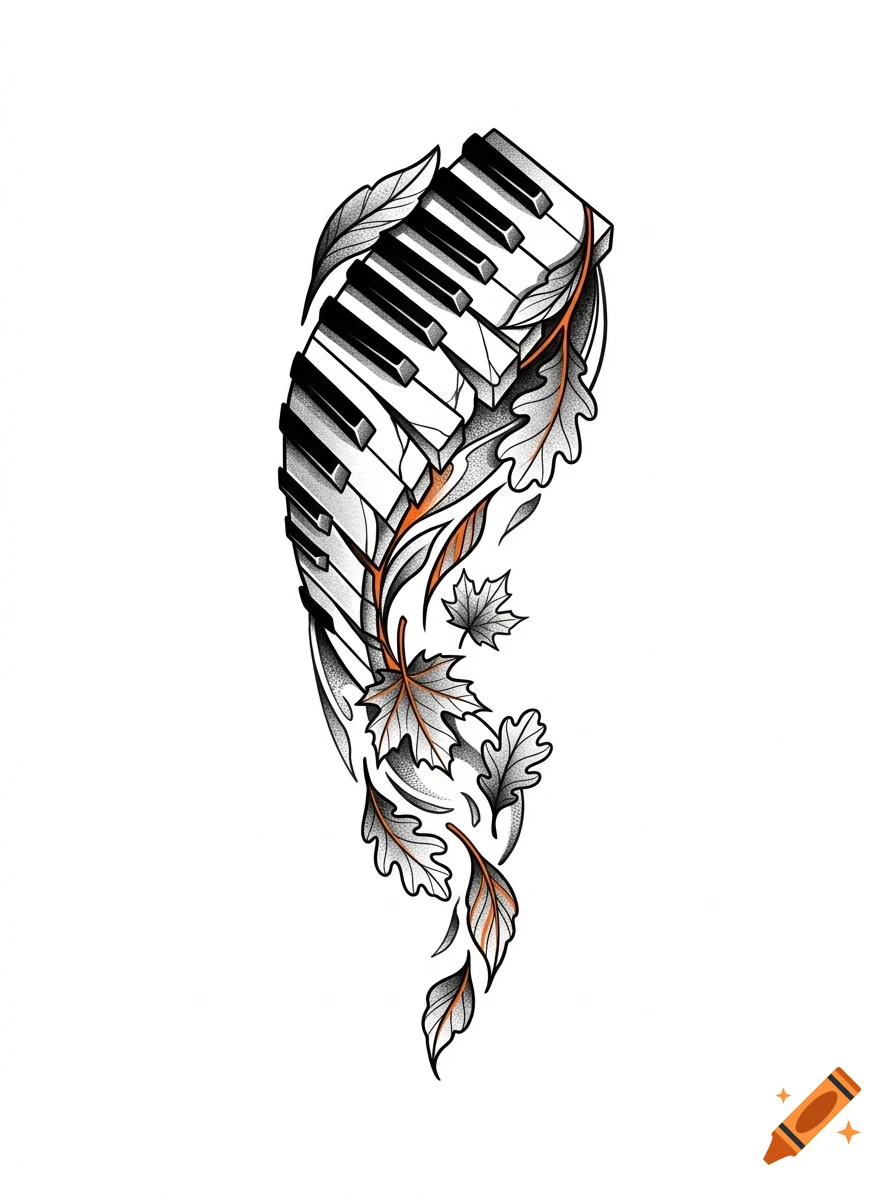 An illustration of piano keys intertwined with falling leaves in a black and grey ink style.