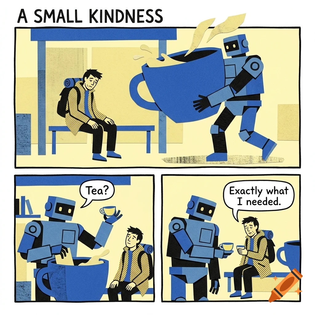 A comic strip showing a blue robot bringing a giant cup of tea to a sad traveler sitting on a bench.