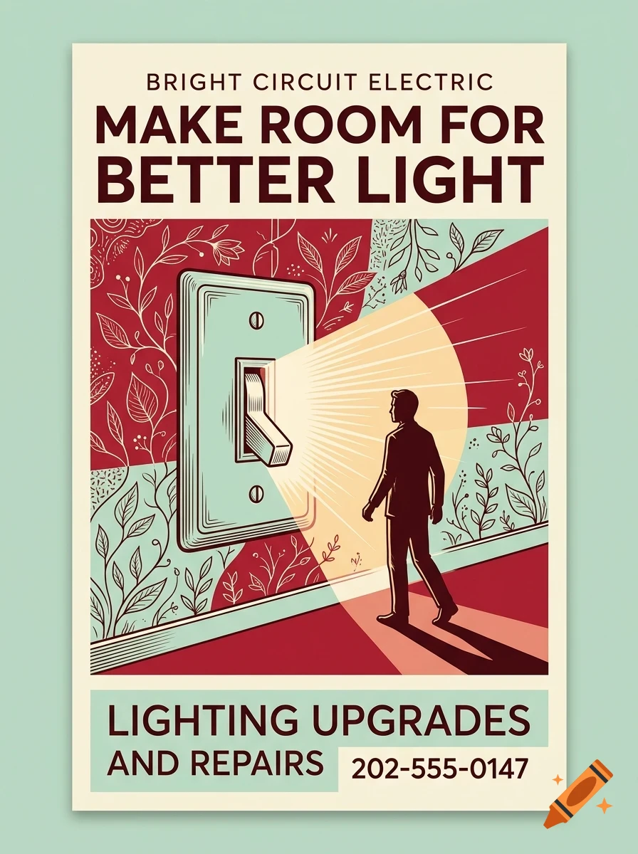 An illustration of a light switch on a patterned wall emitting a beam of light toward a silhouetted man, with text above and below.