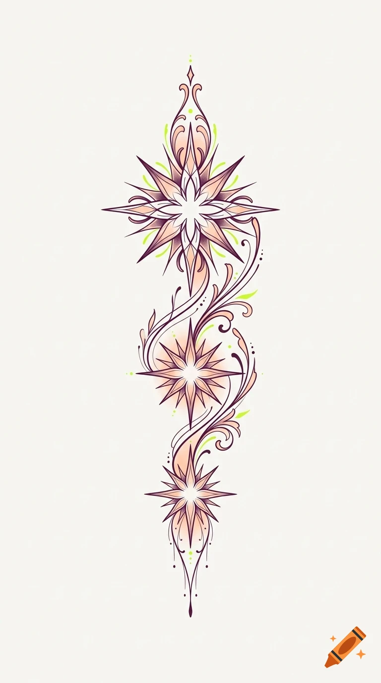 An ornate vertical design featuring three stylized multi-pointed stars connected by swirling decorative linework and floral elements.