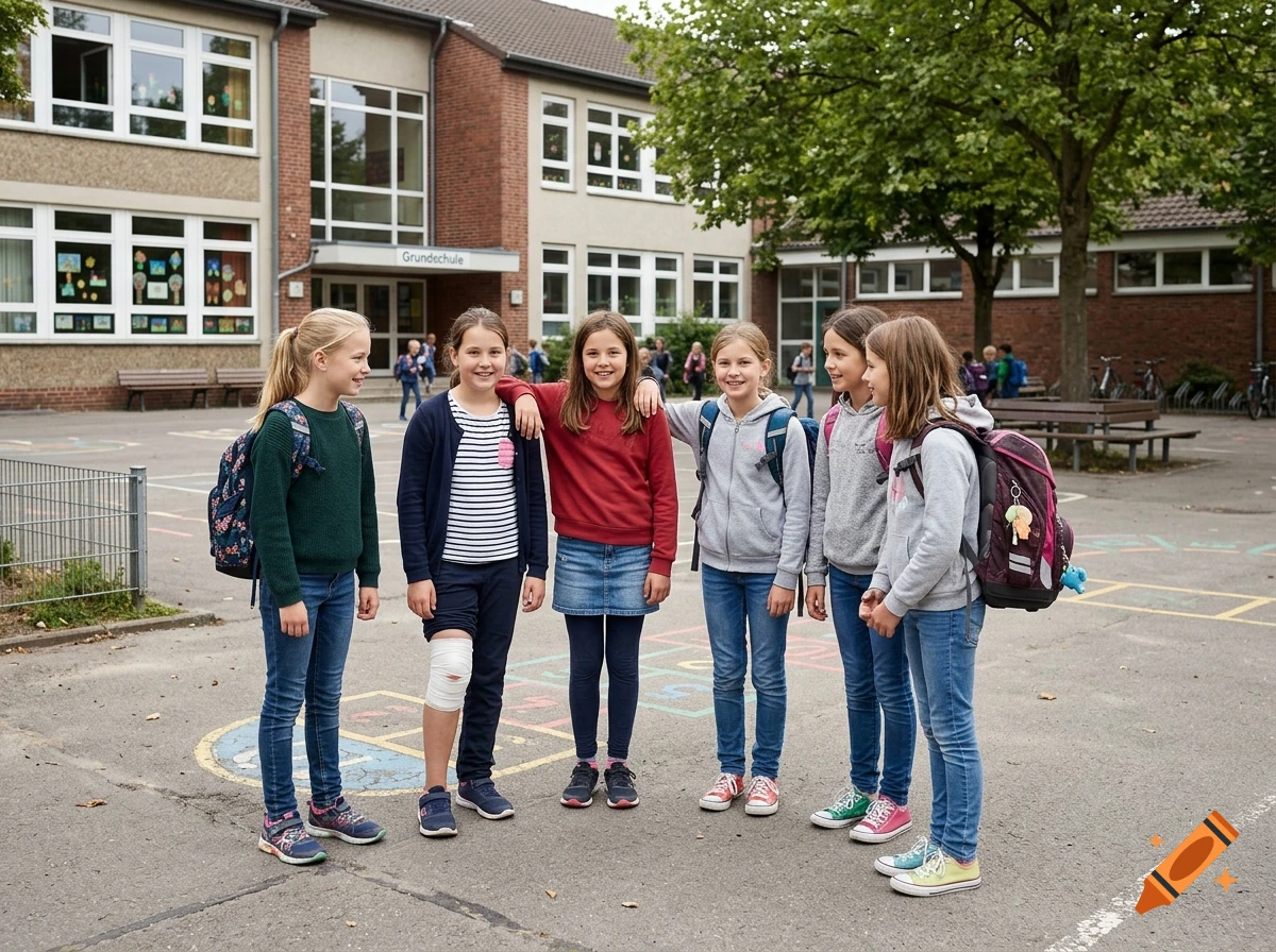 Photorealistic image of a group of schoolgirls standing in a school yard, with one girl having a bandage on her knee.