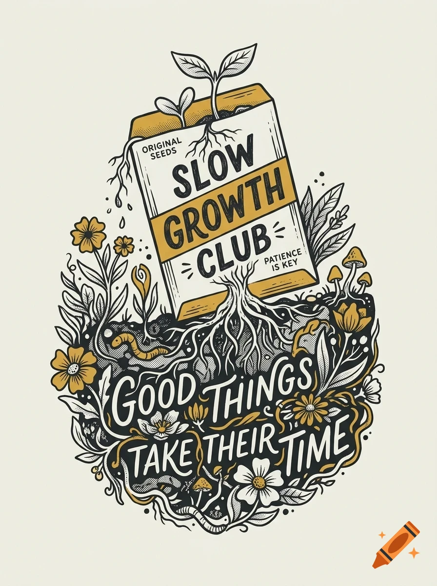 An illustrated vector design featuring a seed packet reading SLOW GROWTH CLUB with sprouting plants, roots, flowers, and the phrase Good things take their time.