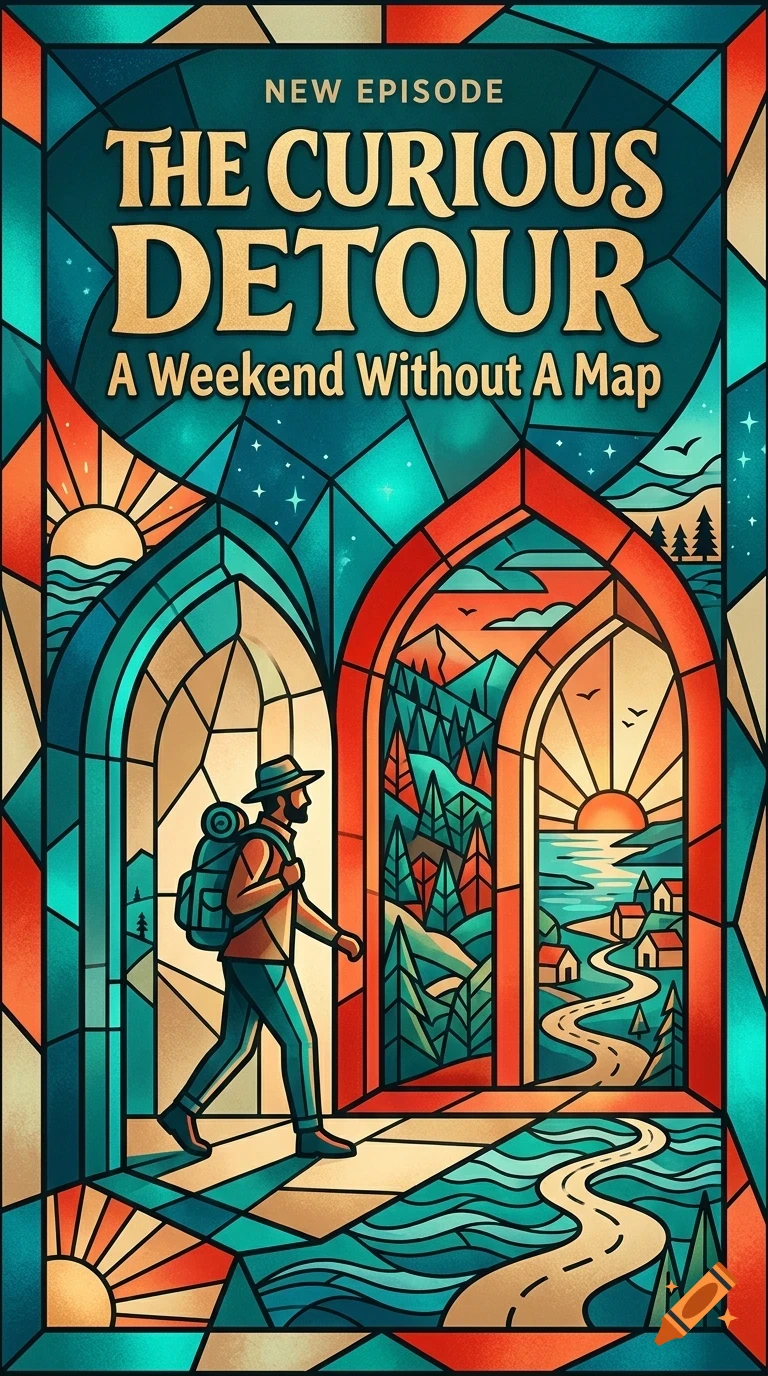 A stained glass style illustration depicting a hiker with a backpack walking through archways toward a mountainous landscape with a winding road, with text reading The Curious Detour and A Weekend Without A Map.