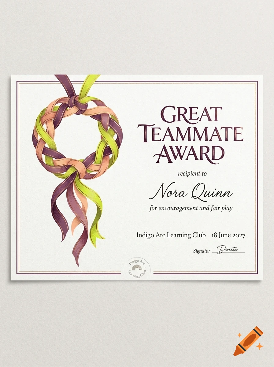 An award certificate reading Great Teammate Award with a decorative braided ribbon design.