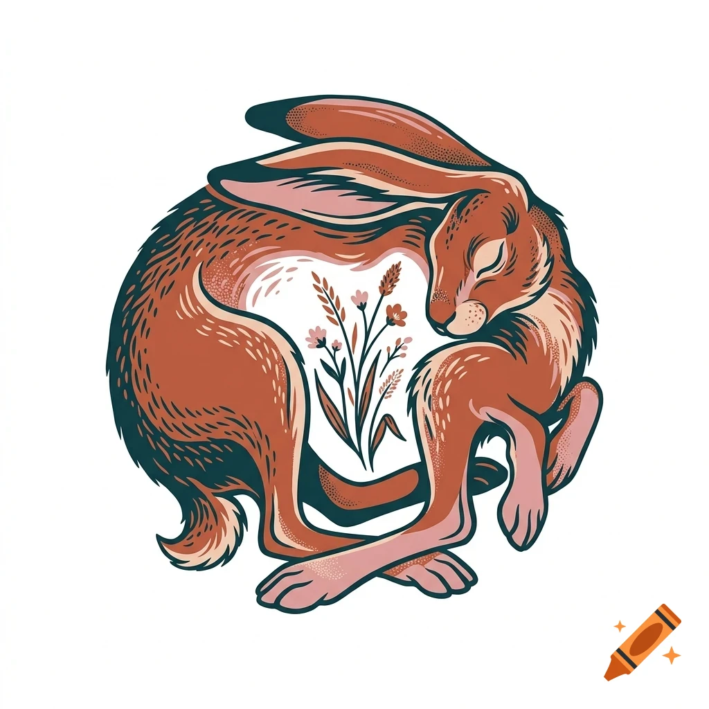 An illustrated brown hare curled up sleeping, enclosing a small cluster of wildflowers and wheat stalks.