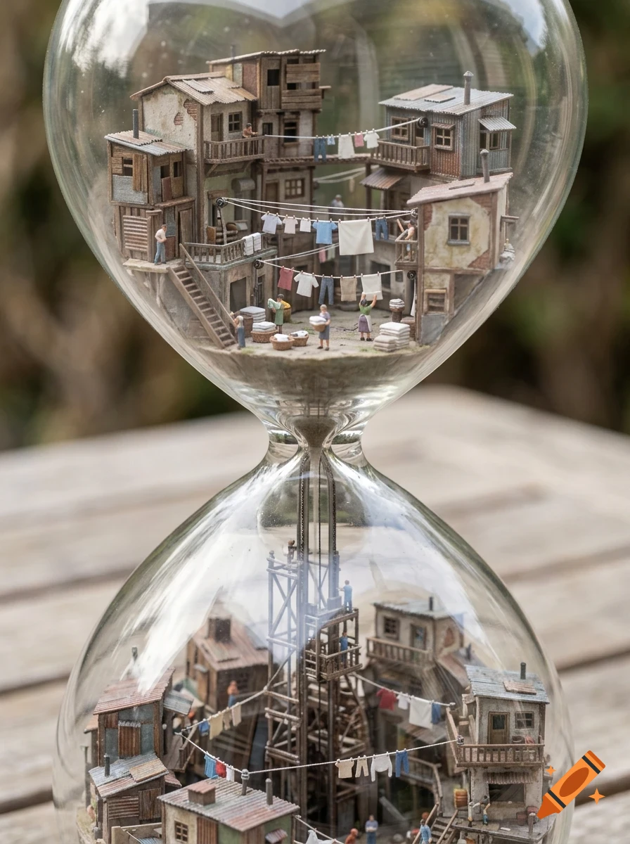 A miniature shantytown model enclosed inside a large glass hourglass.