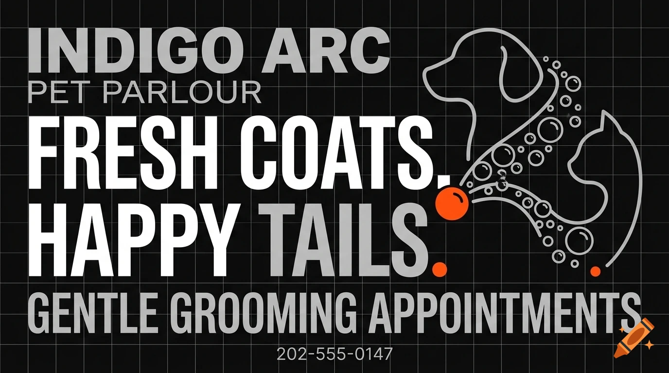An advertisement for Indigo Arc Pet Parlour on a dark grid background, featuring line art of a dog and a cat with bubbles and the text 'Fresh coats. Happy tails.'