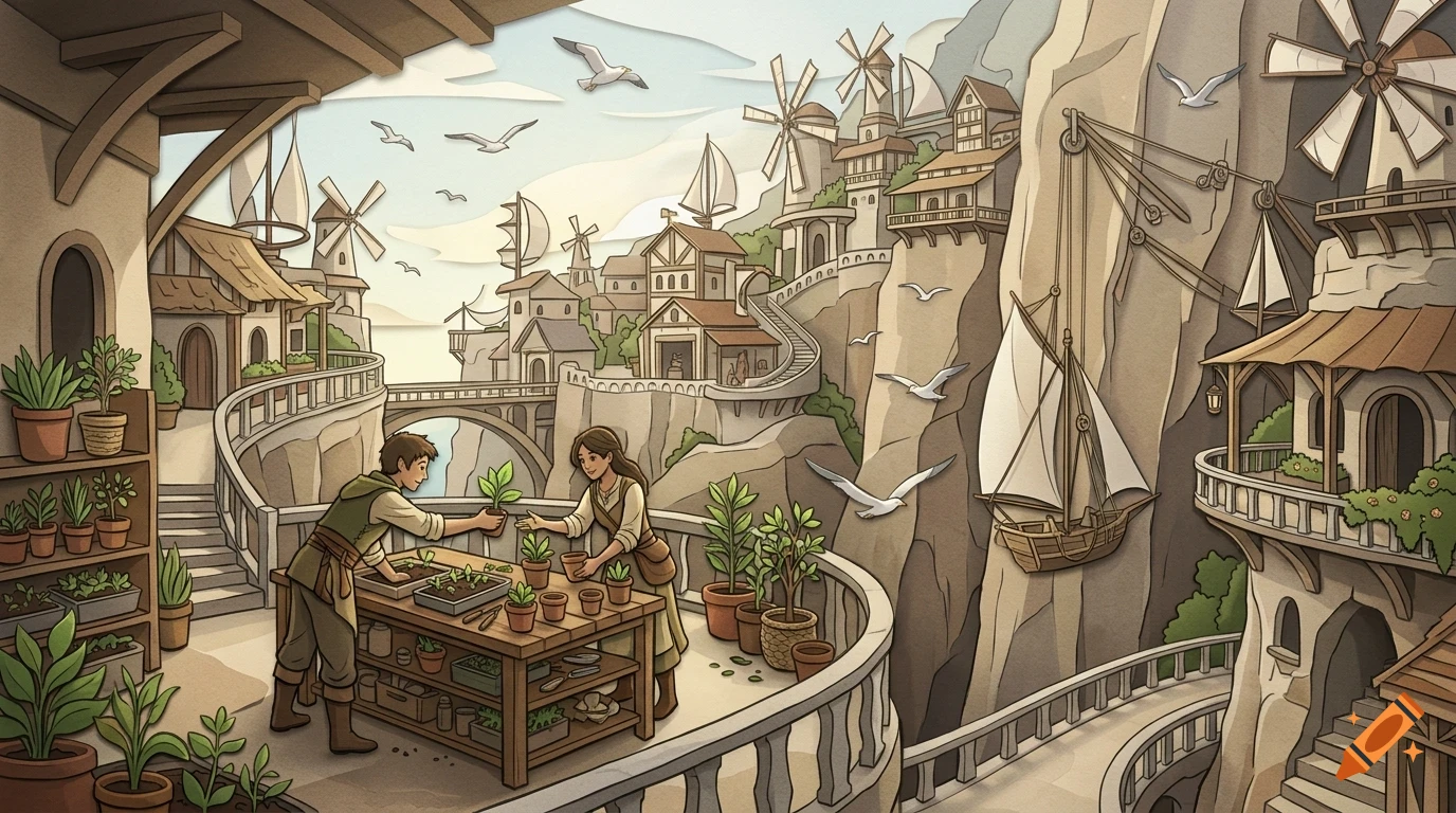 An illustrated coastal village nestled among cliffs and windmills, with two people planting in pots on a terrace overlooking the sea and sailing ships.