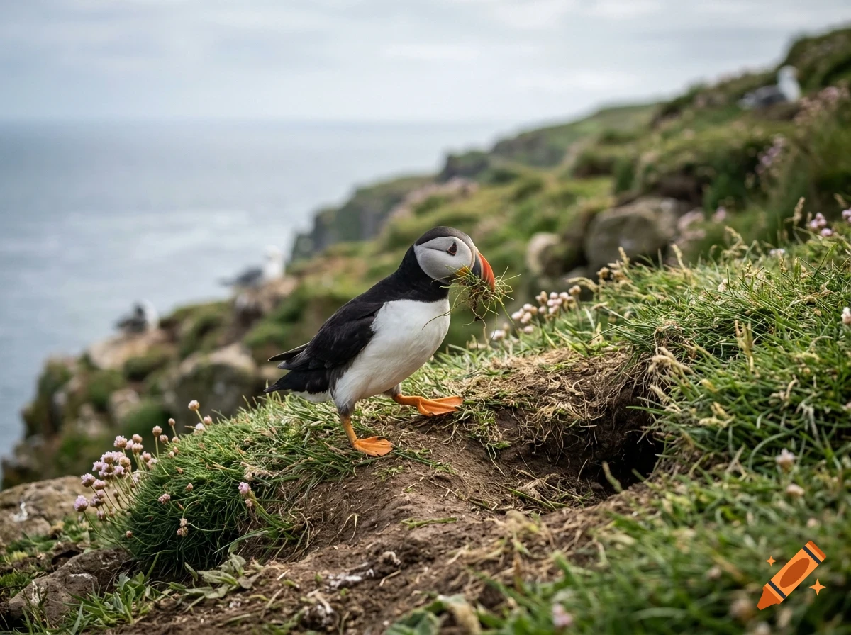 An Atlantic puffin holding nesting material in its beak stands near its burrow on a grassy cliffside overlooking the ocean.