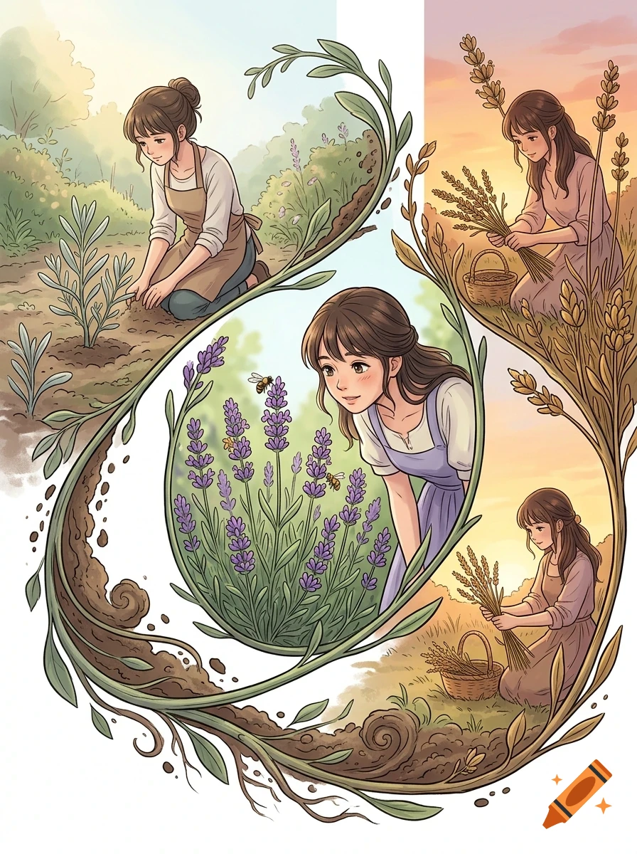 An illustrated collage showing a young woman gardening, tending to lavender plants, and harvesting crops.