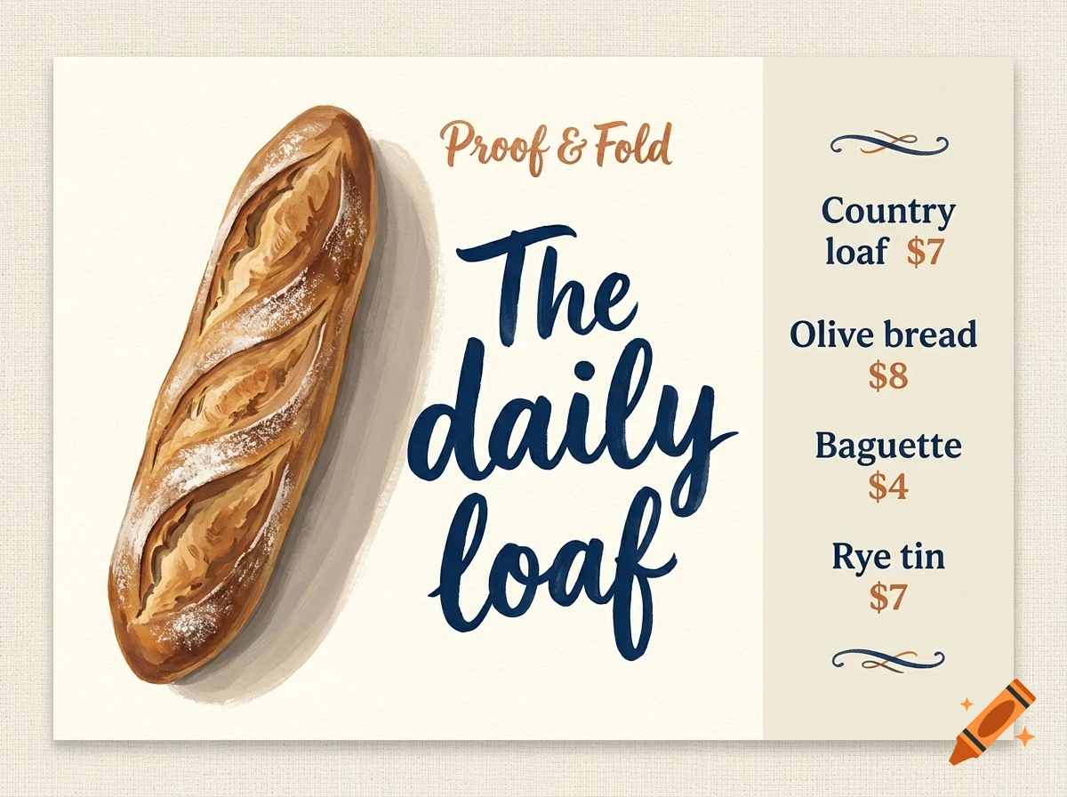 An illustration of a loaf of bread with text reading 'The daily loaf' and a price list for baked goods.