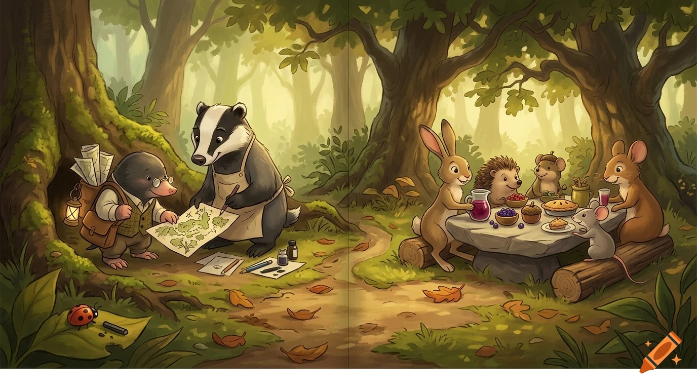 An illustrated woodland scene showing a mole and a badger looking at a map near a tree, while a rabbit, hedgehog, squirrel, and mice gather around a stone table sharing food in the forest.