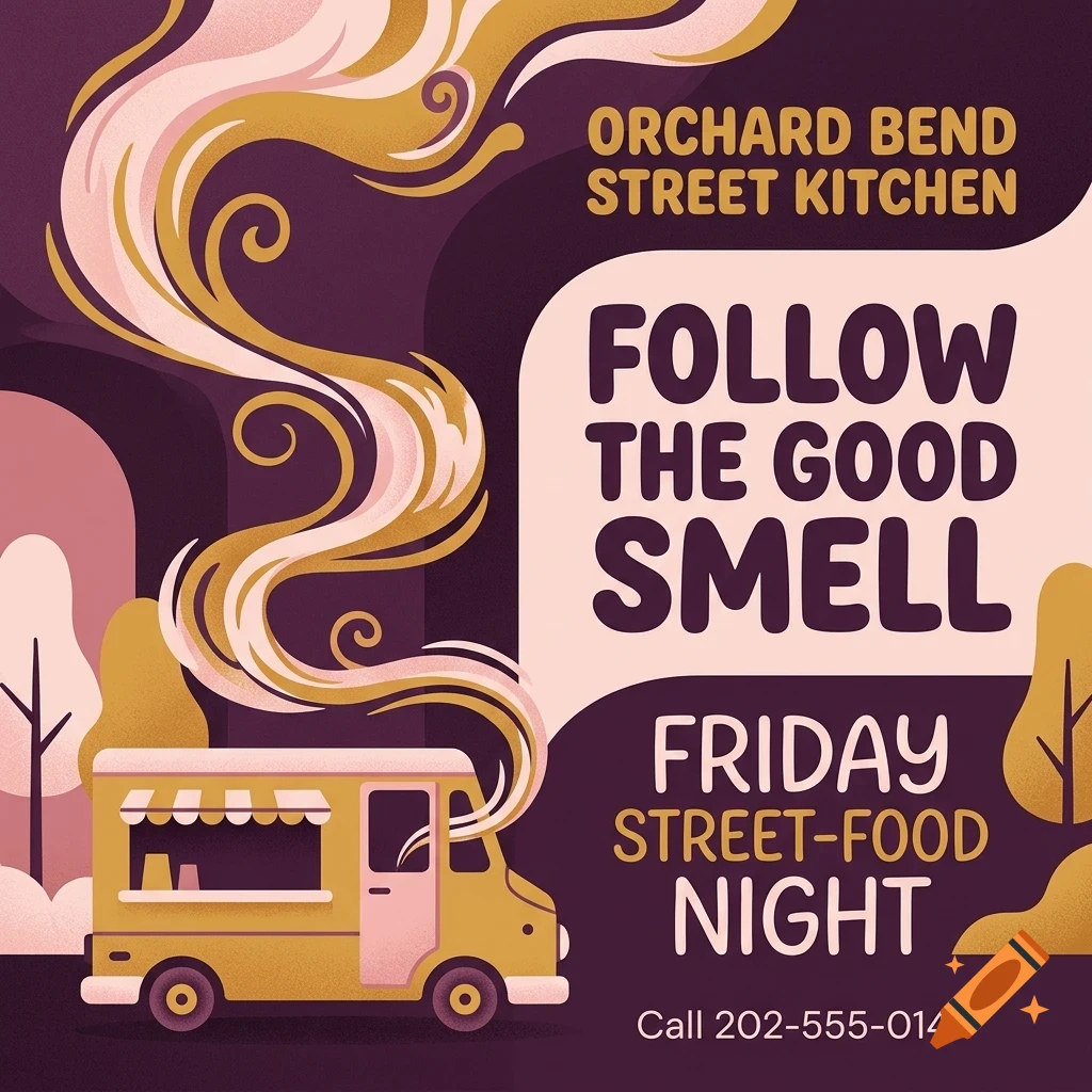 An illustration of a food truck emitting wavy smoke with the text 'Orchard Bend Street Kitchen', 'Follow the good smell', and 'Friday street-food night'.