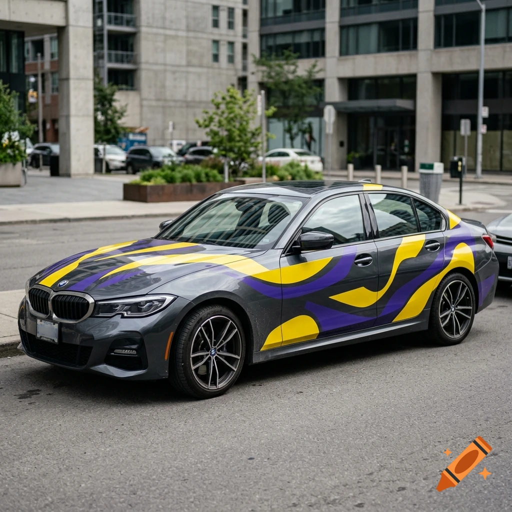 Dark grey BMW sedan parked on a city street, customized with abstract yellow and purple vinyl graphics.