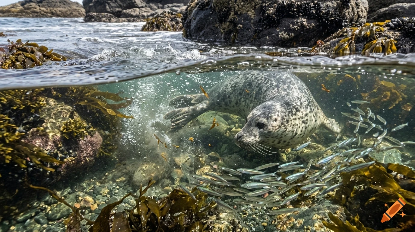An underwater split-level photograph capturing a spotted seal swimming amongst small fish and seaweed near rocky shores.