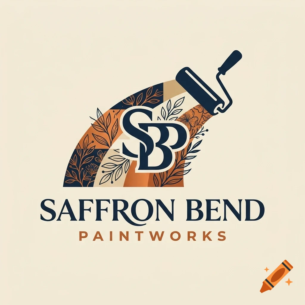 A logo for Saffron Bend Paintworks featuring a paint roller rolling out patterned panels with foliage and the letters SBP, with the text Saffron Bend Paintworks below.