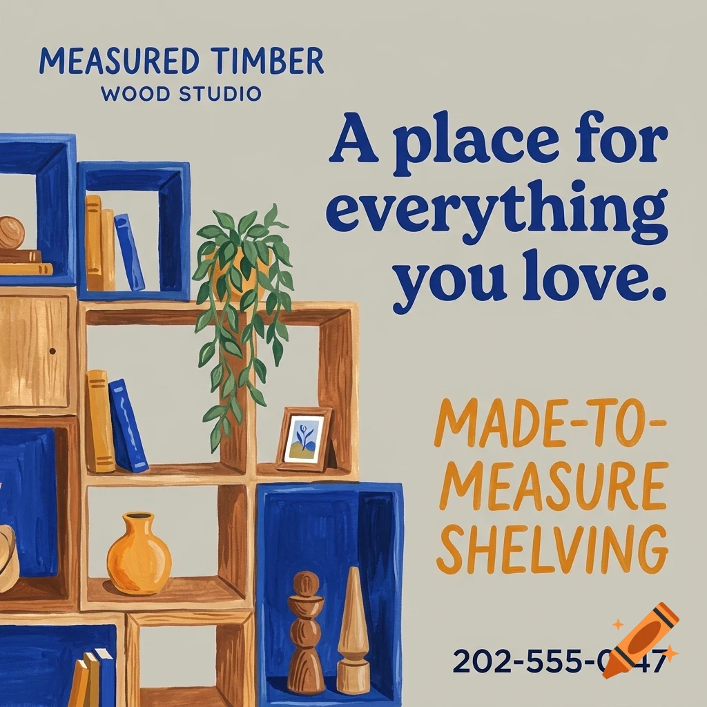 An illustration of modular wooden shelving filled with books, a potted plant, and decorative objects, accompanied by text.