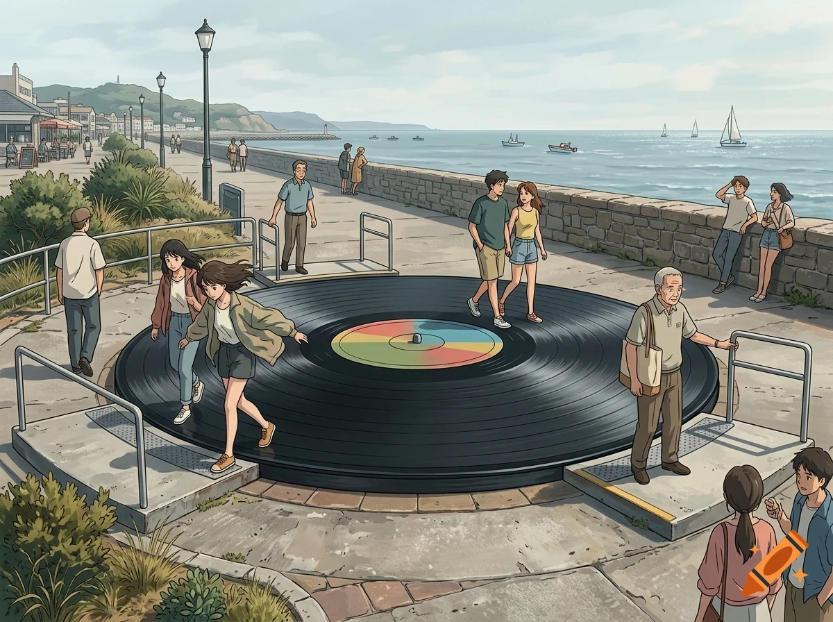 An anime-style illustration of people walking on a giant vinyl record embedded into a seaside promenade next to the ocean.