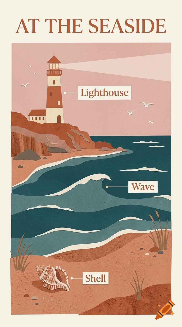 An educational diagram titled At The Seaside showing a coastal scene with a lighthouse, waves, and a shell labeled with pointer lines.