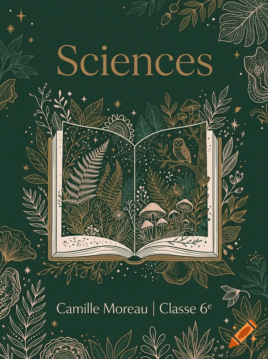 An open book surrounded by botanical illustrations, ferns, mushrooms, and an owl, with the text Sciences and Camille Moreau | Classe 6e on a green background.