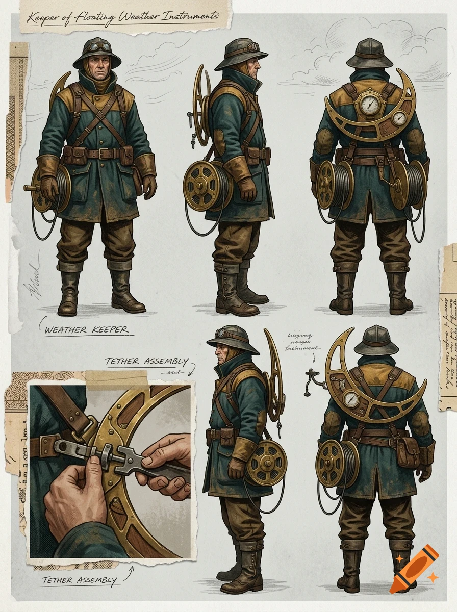 Character design sheet showing multiple angles of a person wearing a weathered coat, hat, goggles, and carrying brass weather instruments and reels.