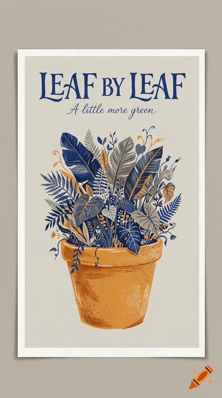 An illustrated poster in an orange terracotta pot with various blue, grey, and yellow leaves and plants, featuring the text LEAF BY LEAF A little more green.