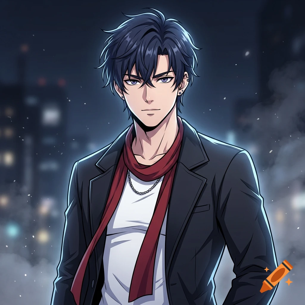 Anime style digital illustration of a young man with dark blue hair, wearing a black jacket and red scarf against a city background at night.
