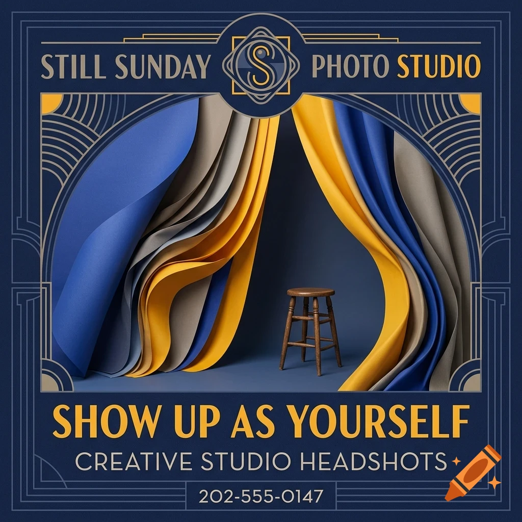 An advertisement for Still Sunday Photo Studio with blue, yellow, and grey drapes framing a wooden stool.