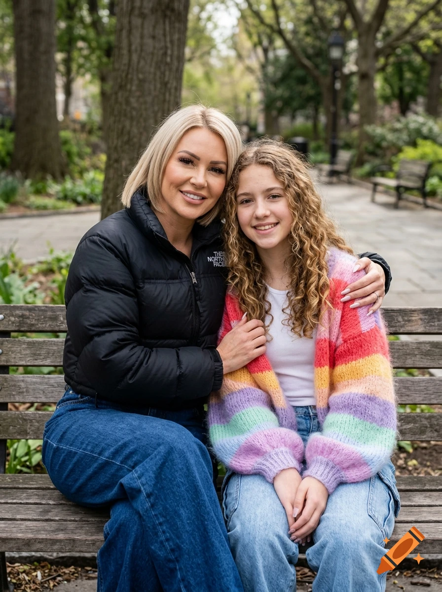 Photorealistic portrait of a mother and daughter sitting on a park bench, smiling.
