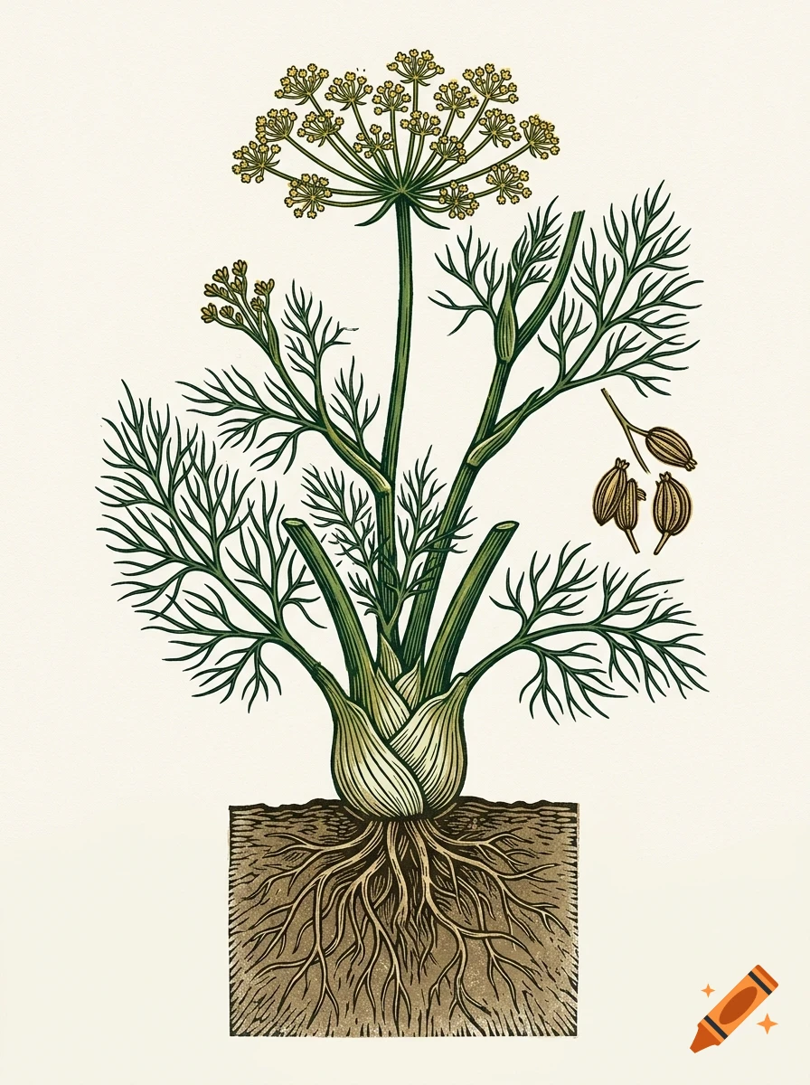Botanical illustration of a fennel plant with roots in soil, feathery green leaves, yellow flowers, and detached seeds.