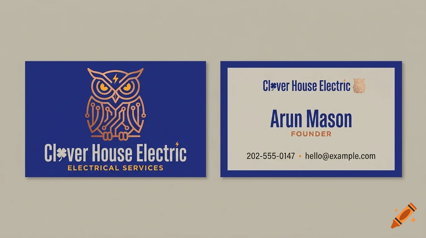 Two business cards for Clover House Electric featuring an owl logo and contact details.
