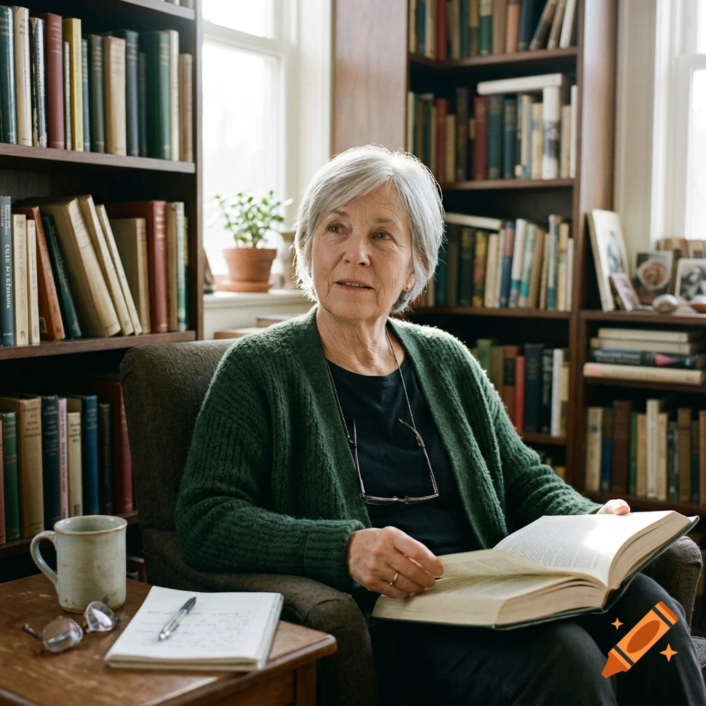 An elderly woman with short gray hair sits in a comfortable armchair reading a book, surrounded by bookshelves filled with books in a library or home study.