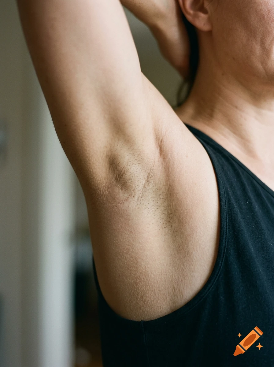 Close-up photorealistic shot of an armpit with visible hair, wearing a black tank top.