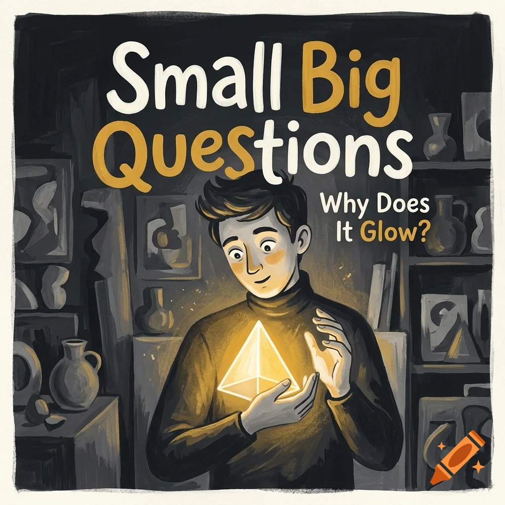 An illustrated book cover titled Small Big Questions: Why Does It Glow? featuring a young person holding a glowing pyramid object in a dark room.