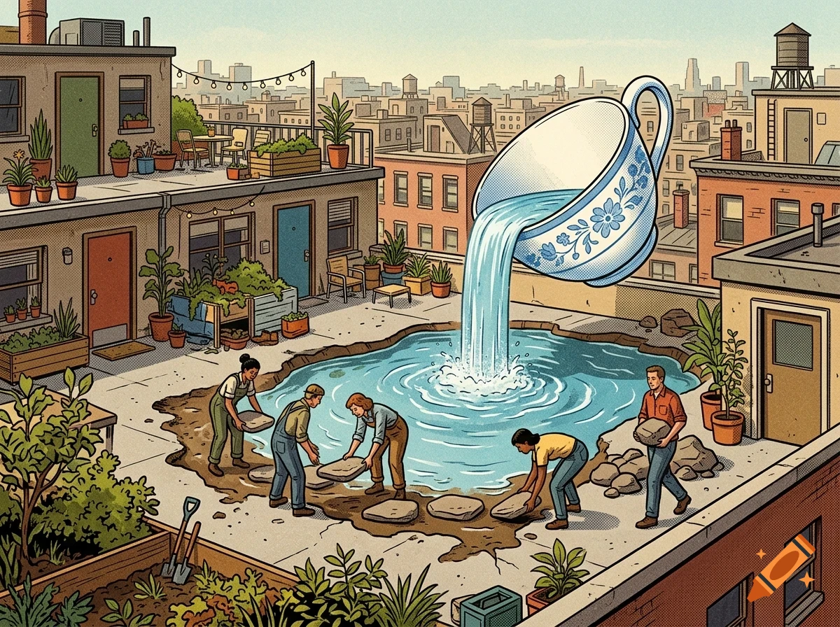 An illustration of people building a pond on a city rooftop as water pours into it from a giant teacup.