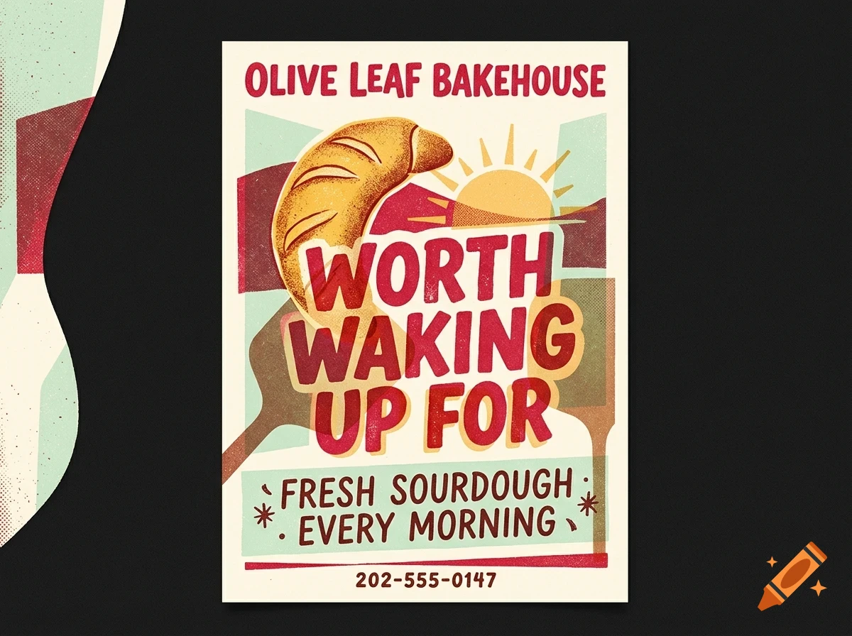A vintage-style poster for Olive Leaf Bakehouse featuring a loaf of bread and text reading Worth waking up for.