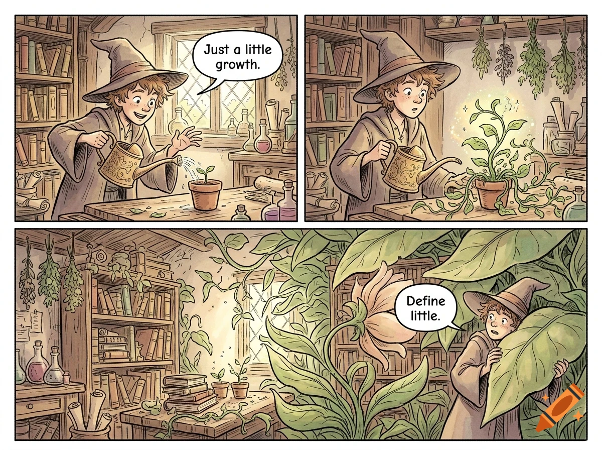 A three-panel comic showing a wizard watering a tiny potted plant that magically grows into a giant leafy plant taking over the room.