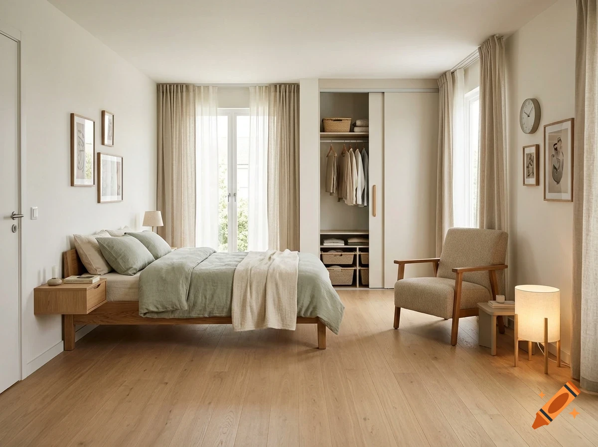 A modern minimalist bedroom interior with a wooden bed, light green bedding, an armchair, and a built-in wardrobe.