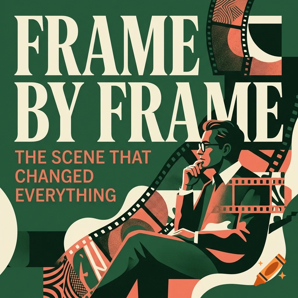 An illustrated poster featuring a man in glasses and suit sitting amidst film strips, with bold text reading FRAME BY FRAME THE SCENE THAT CHANGED EVERYTHING.